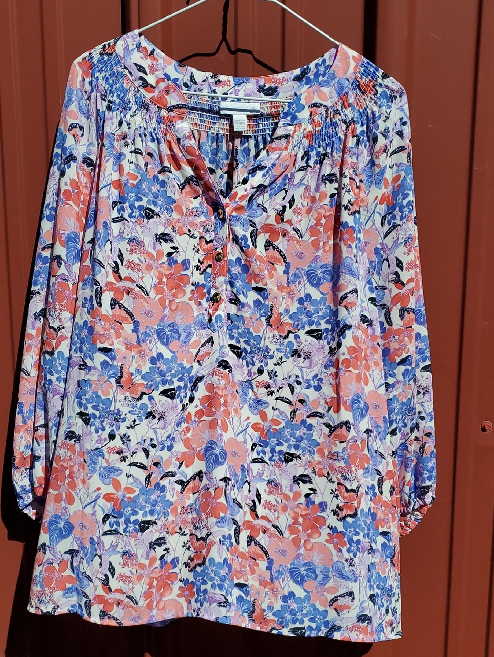 Charter Club Floral Peasant Blouse in Coral, Blue & White